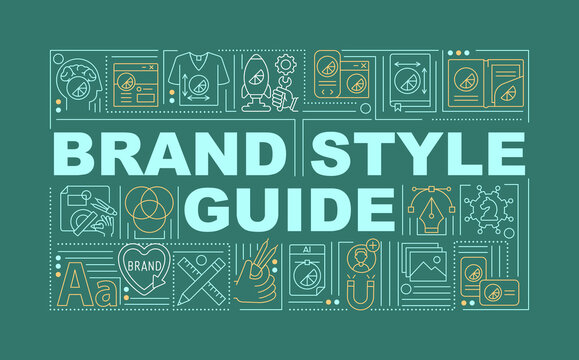 Brand style guide word concepts banner. Product promotion. Infographics with linear icons on green background. Isolated creative typography. Vector outline color illustration with text