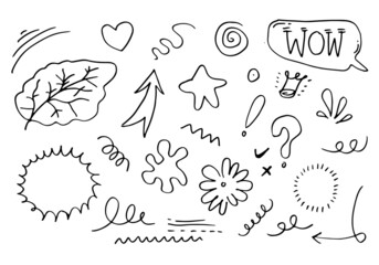 Hand drawn set elements, black on white background. Arrows,crown, hearts, love, exlamation, leaves, flowers, swirl, star and wow text, for concept design.