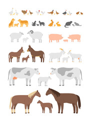 Set of farm animals and birds. Chickens, geese, turkeys, dogs, cats, goats, sheep, pigs, donkeys, cows, horses. Family mom dad and cubs