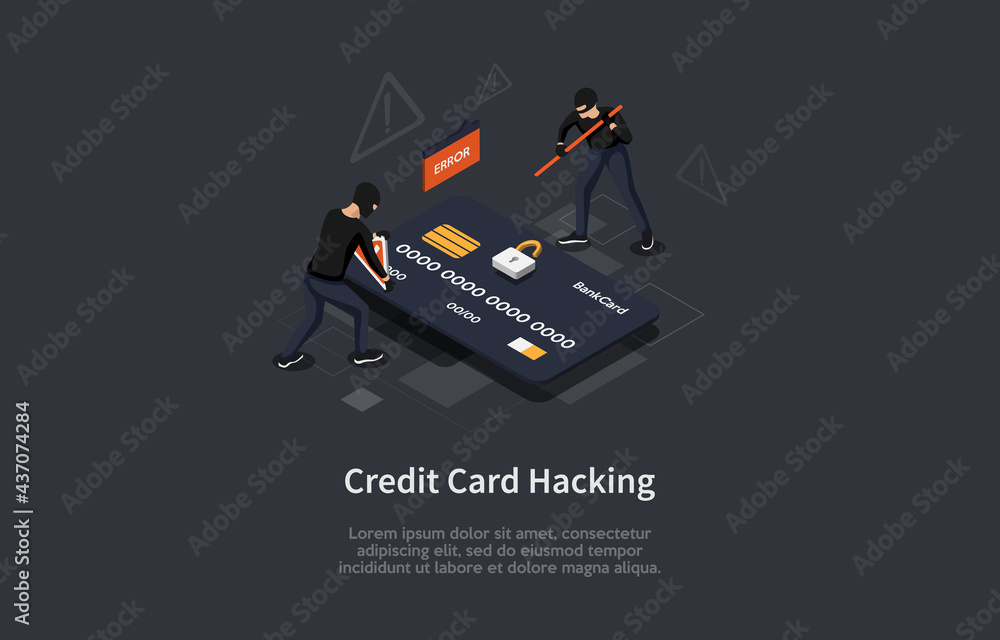 Poster isometric vector illustration in cartoon 3d style. dark background and elements. credit card hacking