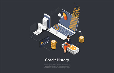 Customer Credit History Concept Illustration. Vector Composition In Cartoon 3D Style With Writing. Isometric Design. Money Loan Conditions And Information. Person, Finance And Technology Elements.