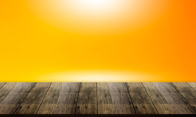 Naklejka na ściany i meble Wooden table on yellow, orange and gold stage background or studio set.
