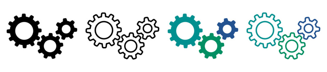 Set of gears icons. Setting gears icon, cogwheel group. Black and colorful gears. Settings. Vector illustration.