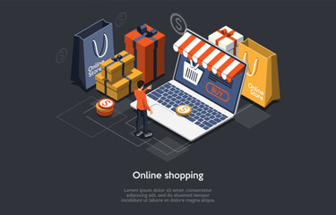Isometric Illustration. Vector Composition With 3D Objects. Cartoon Style Design. Modern Online Shopping Concept. Internet Goods Order. Person Standing Near Laptop Buying Products. Bags, Boxes Around