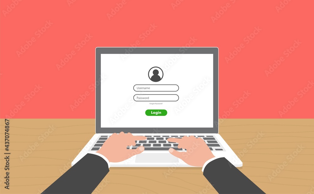 Poster log in account on the laptop. hands on the laptop. laptop with password notification. vector