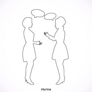 Illustration of two young women having a conversation.  Icon Isolated on White Background. 
