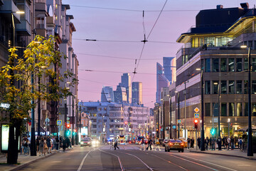 Evening view of the Moscow city street