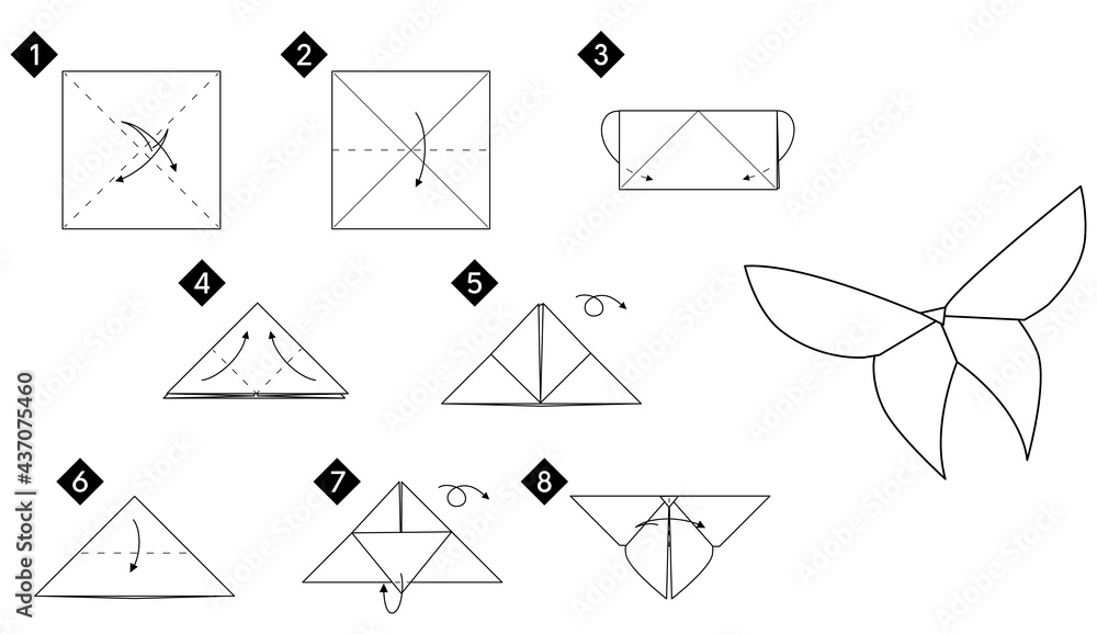 Aufkleber step by step instructions how to make origami butterfly. diy from paper vector monochrome line guide