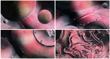 Oil bubbles on water abstract form in glass tank.