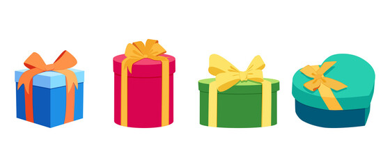 A set of gifts or surprise in a box with bows and ribbons in a cartoon style. Vector graphics. Isolated on white background.