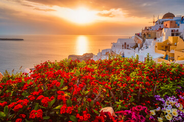 Sunset over Oia town on Santorini island in summer. Santorini, Greece