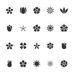 Flower icons set. Trendy black flowers symbols for floral stores and mobile apps. Beautiful plants silhouettes. Vector isolated on white