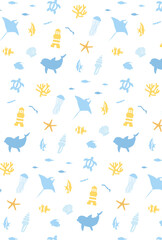 海の生き物 　シームレスパターン　壁紙　背景素材　縦