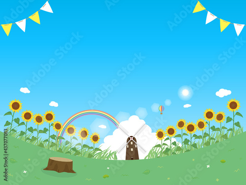 ヒマワリと青空の風景イラスト 夏 背景素材 Wall Mural Senryu ヒマワリと青空の風景イラスト 夏 背景素材 Wall Mural Senryu