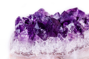 Fototapeta premium Macro mineral stone purple amethyst in crystals on a white background