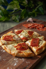  homemade pizza with spicy salami on wooden board and plants, garlic and salami in the background with sunlight