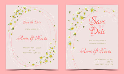 Elegant pink wedding invitation with flowers and leaves. Vector illustration