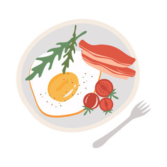 Breakfast with scrambled eggs and bacon. Vector illustration in flat style.