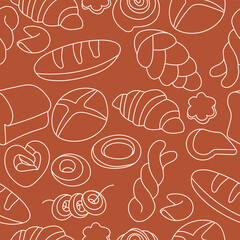 Vector design templates and elements for bakery packaging in trendy linear style. Seamless pattern with design label.