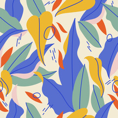 Vector illustration abstract seamless pattern with tropical leaves. Colorful texture.