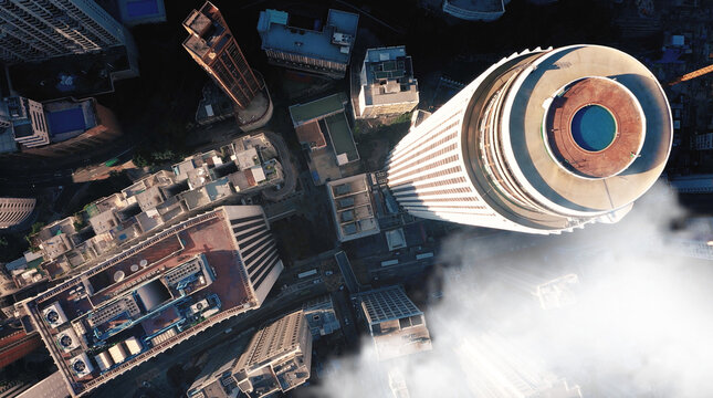 AERIAL. Modern abstract cityscape and colorful network connection concept .