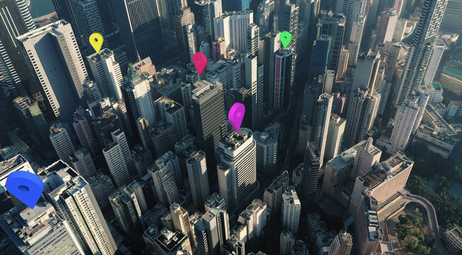 AERIAL. Modern abstract cityscape and colorful network connection concept .