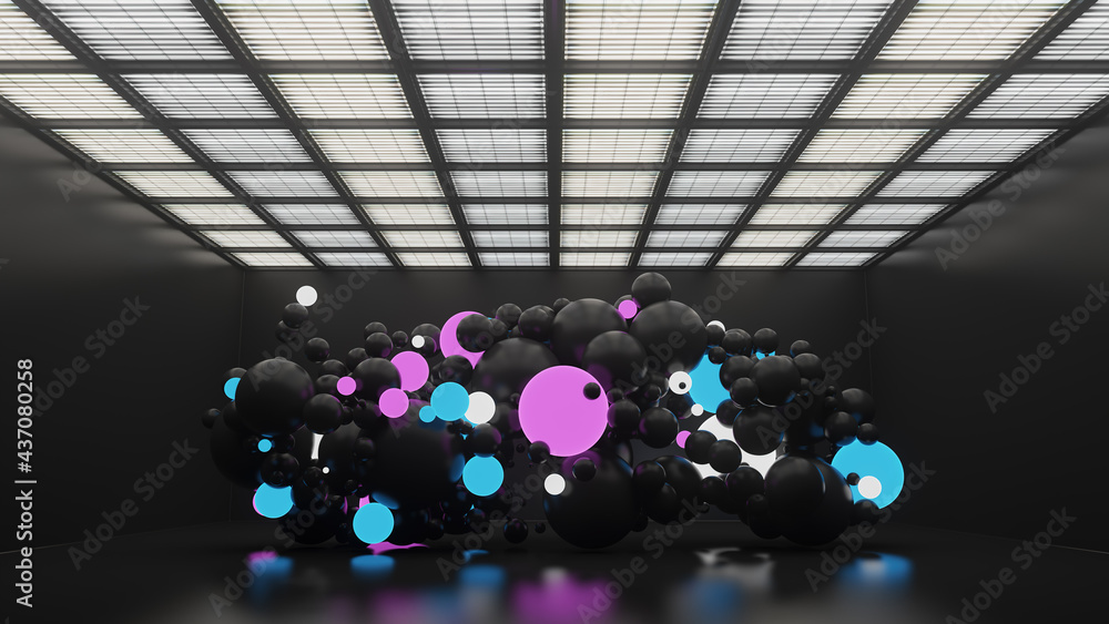 Aufkleber 3d render of sphere or balls with illumination and reflective ones are interacting inside of dark cl