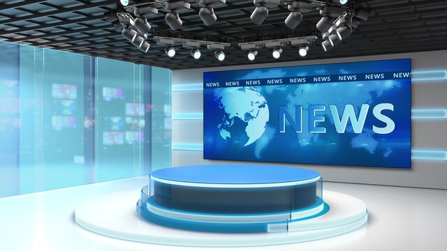 Tv studio. News room. Blye and red background. General and close-up shot. News Studio. Studio Background. Newsroom bakground. The perfect backdrop for any green screen or chroma key video production