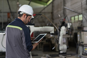 Male automation engineer using tablet control robot arm welding machine in an industrial factory.Artificial intelligence