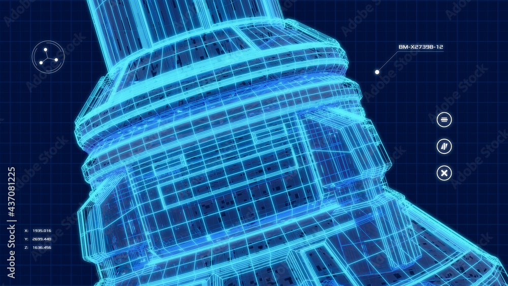 Poster futuristic software interface for mechanical design with a mechanical piece in wireframe (3d render)