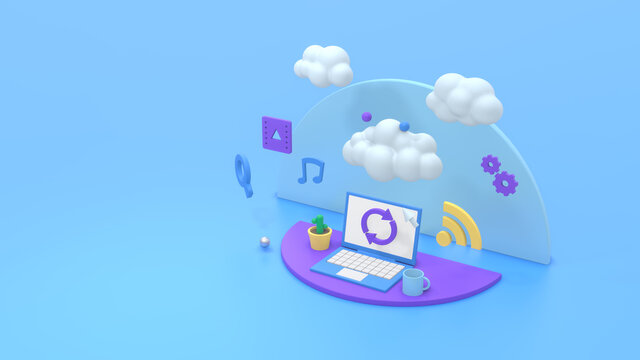 laptop computer with a cloud and icons, concept of cloud computing, copy space, pastel colors (3d render)