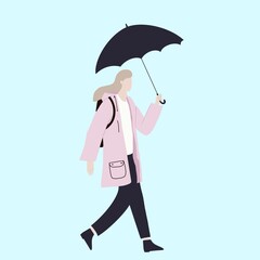 illustration of a girl in the pink raincoat with a black umbrella
