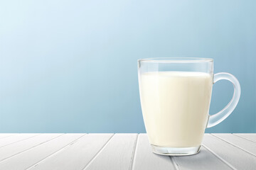 A glass mug of fresh milk on white wood with light blue background.