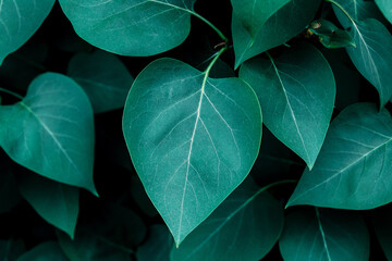 Dark green leaves close up view, nature template background, selective focus
