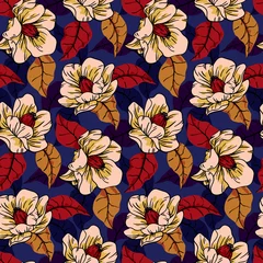 Rolgordijnen Naadloos bloemenpatroon. Een dichte compositie van witte bloemen met een rood hart, rode en gele bladeren op een blauwe achtergrond. Botanische vectorillustratie. © Yulya i Kot