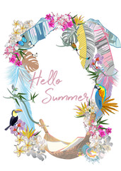 Series of Floral backgrounds with tropical summer and spring flowers, palm leaves, animals, birds near the beach. Hand drawn vector illustration.