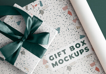 Terrazzo Gift Box Mockup with Green Ribbon