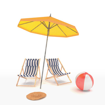 3d Illustration - Sommerurlaub - Liegest&uuml;hle - Sonnenschirm - Badeball