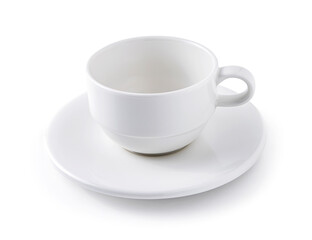 Empty white coffee cup with saucer isolated on white background.