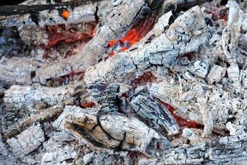 Bonfire embers. BBQ coals. Picturesque hot coals.