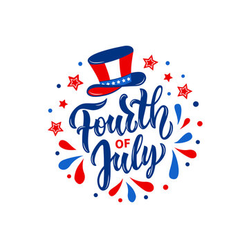 4th of July handwritten text isolated on white background. Vector illustration of uncle Sam hat, stars. Modern brush ink calligraphy, lettering for Independence Day in USA for greeting card, banner