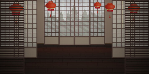 Ryokan An empty Zen room in a very Japanese style. Vector illustration.