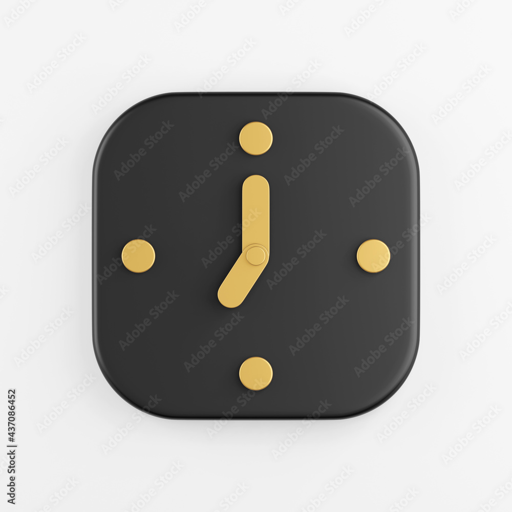 Poster wall clock icon with gold arrows. 3d rendering of black square key button, interface ui ux element.