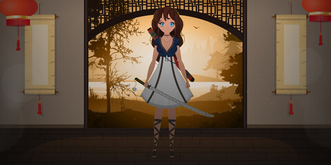 A girl with a katana in a blue and white dress stands in a Japanese room. Anime samurai woman. Cartoon style, vector illustration.