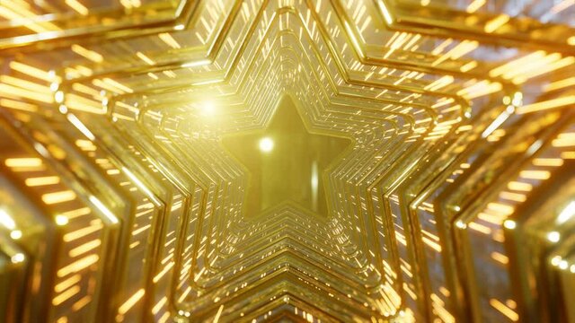 The camera moves along a corridor of gold stars and lights. The Golden stars moving. 4K 3D loop animation