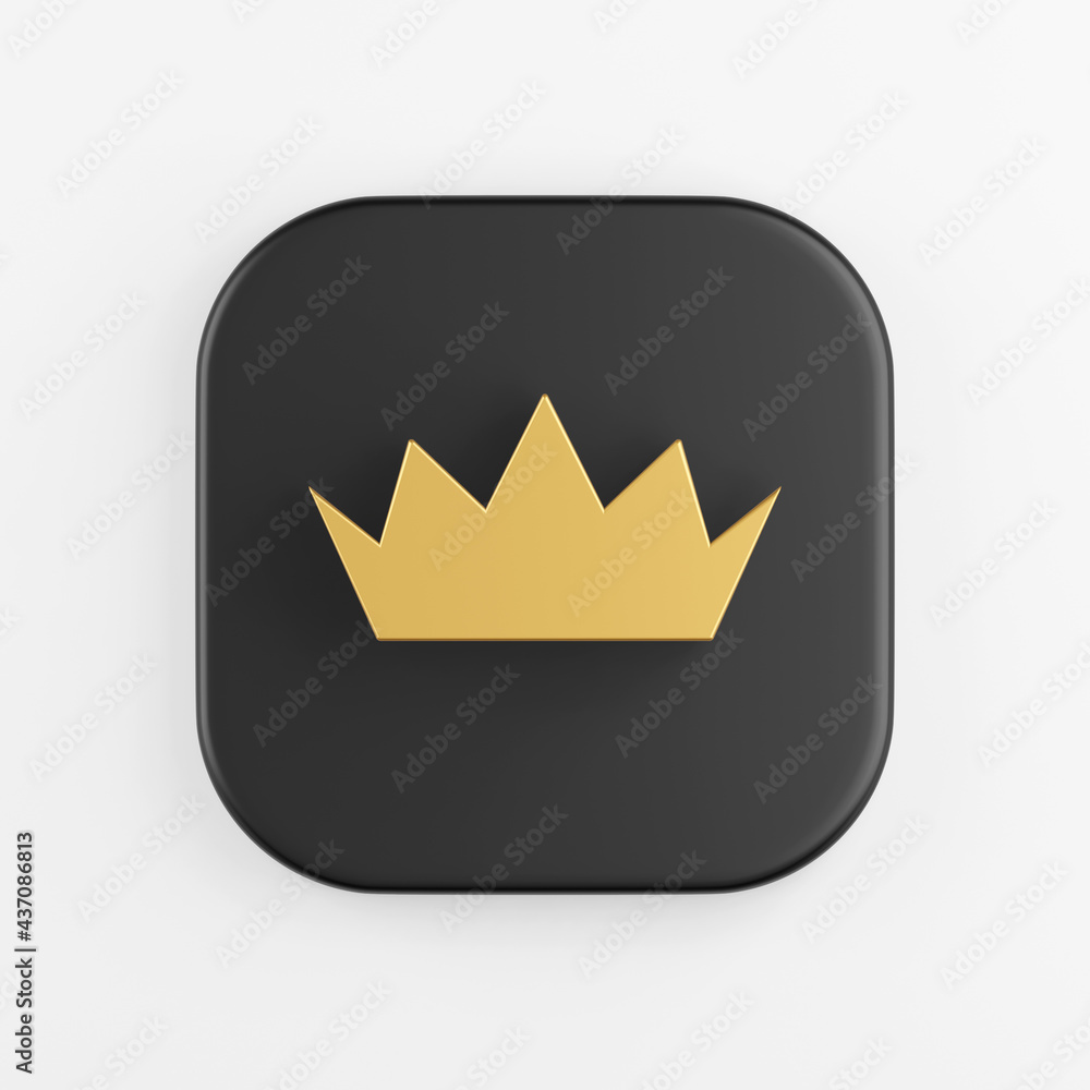 Poster gold flat crown icon. 3d rendering of black square key button, interface ui ux element.
