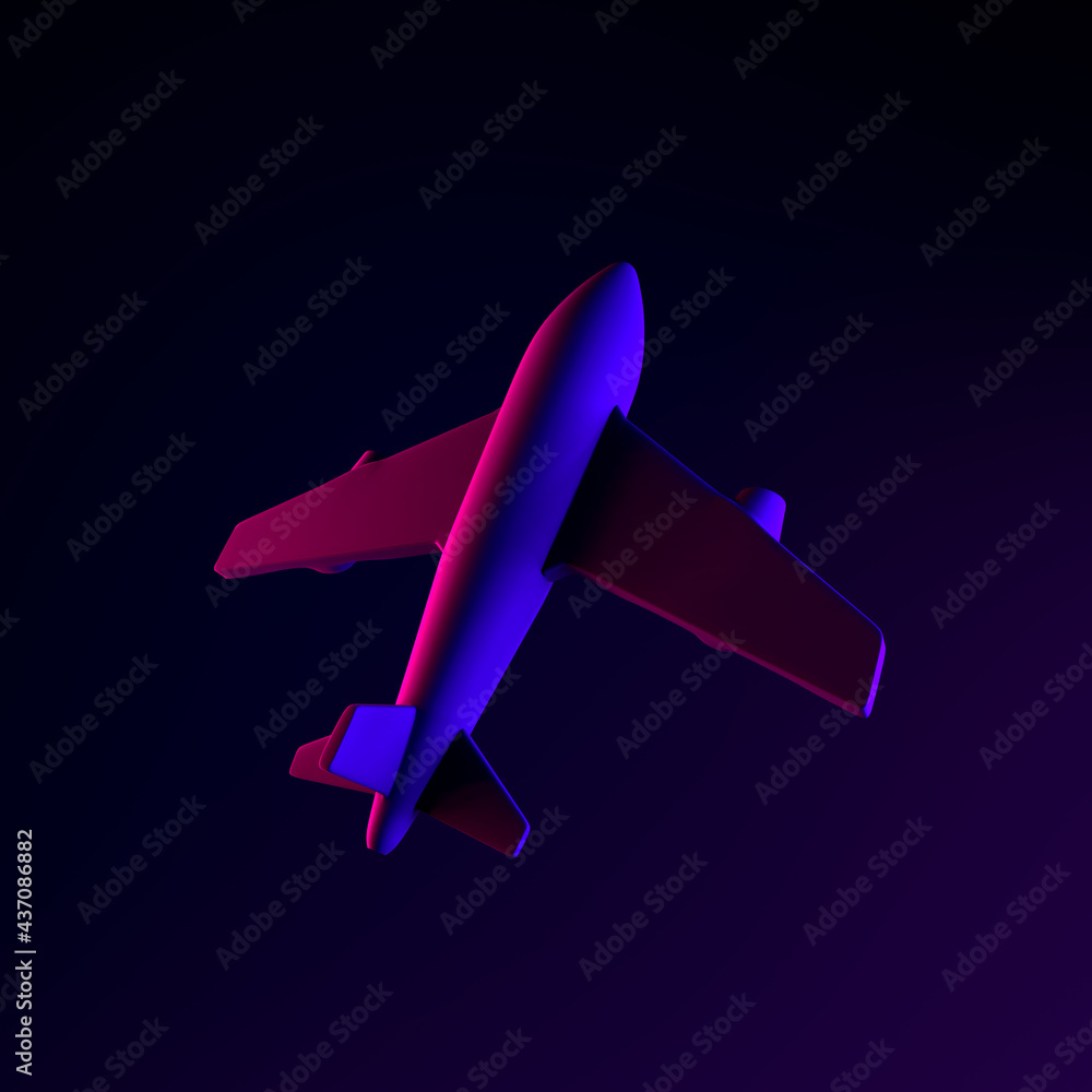Poster airplane neon icon. 3d rendering ui ux interface element. dark glowing symbol.