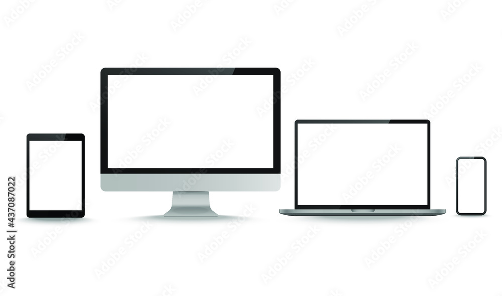 Poster display screen. realistic set of monitor, tablet, laptop, smartphone blank isolated computer devices