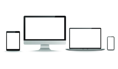 Display screen. Realistic set of monitor, tablet, laptop, smartphone blank isolated computer devices. Object with shadow vector illustrator.