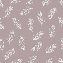 Hand drawn seamless floral pattern of simple leaf. Doodle sketch line style. Vector illustration for nature foliage wallpaper, background, textile design.
